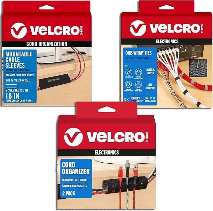 VELCRO Brand Complete Desk Cable Management Kit | 8in Mountable Cable Sleeve 2pk + 150pk Reusable Cable Ties + Desk & Nightstand Cord Organizer | Black, Damage-Free Mounting