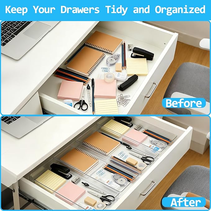 Manalete 4 Pack 15"x6" Extra Large Clear Plastic Drawer Organizer Trays, Multi-Purpose Storage Bins for Vanity, Makeup, Kitchen Utensils, Bathroom, Office Desk, Auto Tools & Craft Supplies