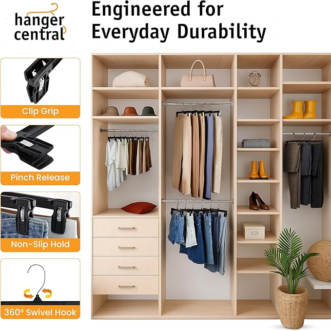 30 Pack Pants Hangers Slim Plastic Clothes Hangers with Clips for Skirts, Shorts & Trousers – Non Slip Grip, Heavy Duty Space Saver with Swivel Hook – Black Closet Organizer - 12 Inch