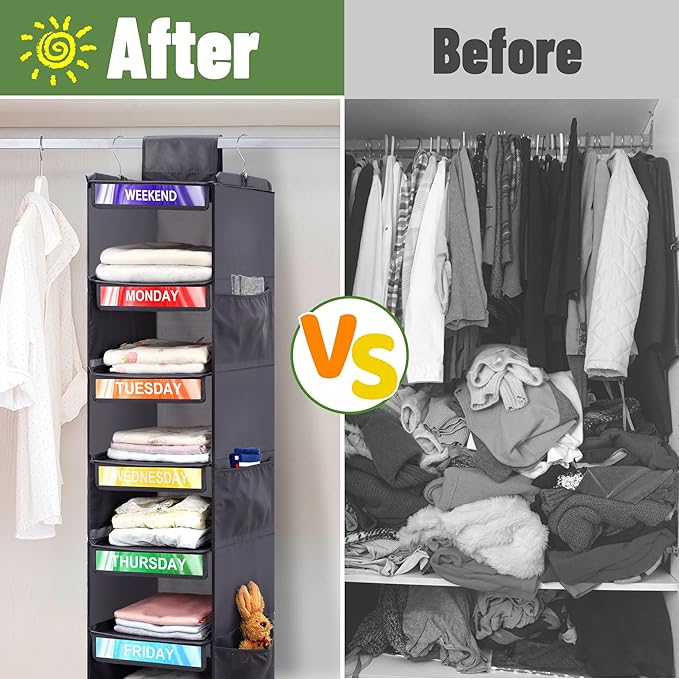 6-Shelf Weekly Clothes Organizer for Kids, Hanging Daily Closet Organization with 6 Side Pockets, Days of The Week Clothing Divider Storage for Boys and Girls (Grey)