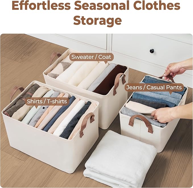 StorageWorks Fabric Storage Bins, Large Storage Baskets for Shelves, Closet Organizers and Storage Bins with Metal Frame, Handles, Natural Color, 2-Pack