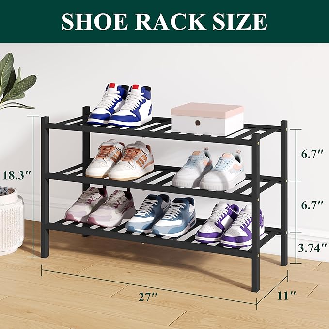 Smiry Bamboo Shoe Rack for Closet, 3 Tier Wooden Shoe Organizer, Stackable Wood Shoe Storage Shelf for Entryway, 14 Vertical Slats, One-piece Heavy-Duty Legs, 26.77"x11.02"x18.31", Black