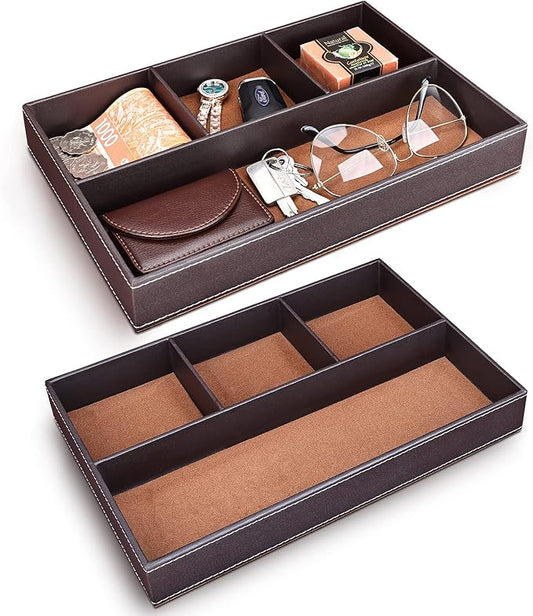 2 Pieces Faux Leather Valet Tray for Men, Stackable Jewelry Trays for Drawers