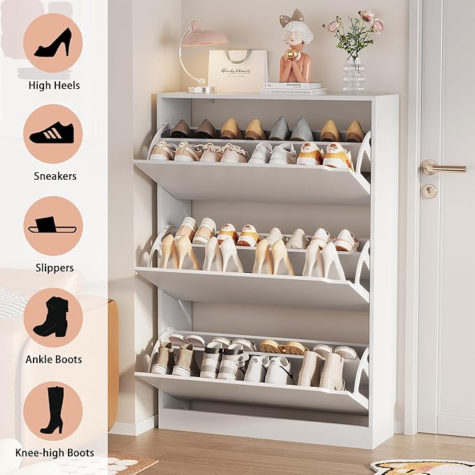 Shoe Storage Cabinet, Wood Shoe Organizer for Entryway with 3 Flip Drawers, Freestanding Shoe Rack with Adjustable Shelf, Narrow Shoe Dresser for Front Door Entrance(White, 47.2" x 31.5" x 9.25")
