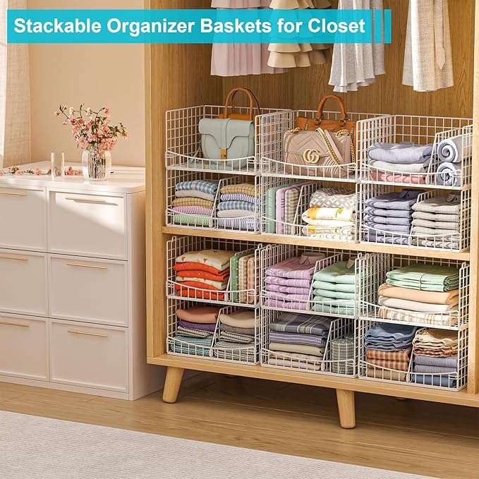 Hongtamoya 4-Tier Closet Organizers and Storage Basket with Divider, Foldable Closet Shelf Organizer System, Space-Saving Clothes Storage Drawer Organizer Bins for Wardrobe Cupboard, White