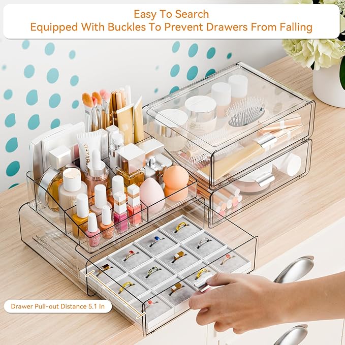 Yieach 5 Tier Clear Acrylic Makeup Organizers with Drawers,Tiered Countertop Make up Storage Organizer for Dresser Top and Bathroom Vanity,Plastic Makeup Stand for Brush,Skincare,Beauty Organizers