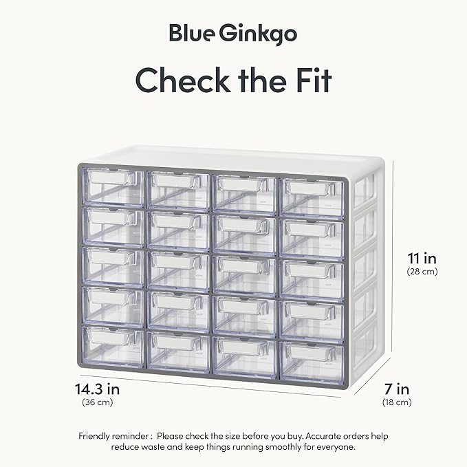 Blue Ginkgo Small 20-Drawer Cabinet, Made in Korea, Gray