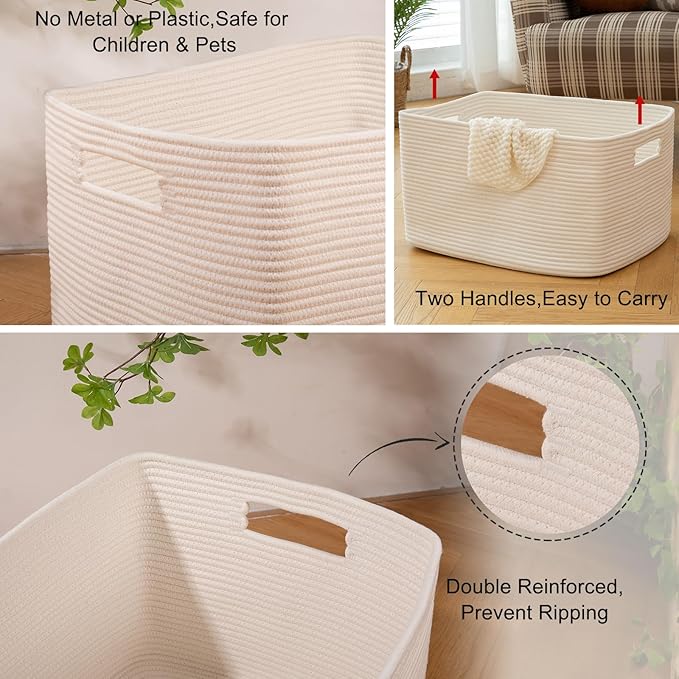 XXLarge Rectangle Blanket Basket-96L, Cotton Woven Basket for Storage, White
