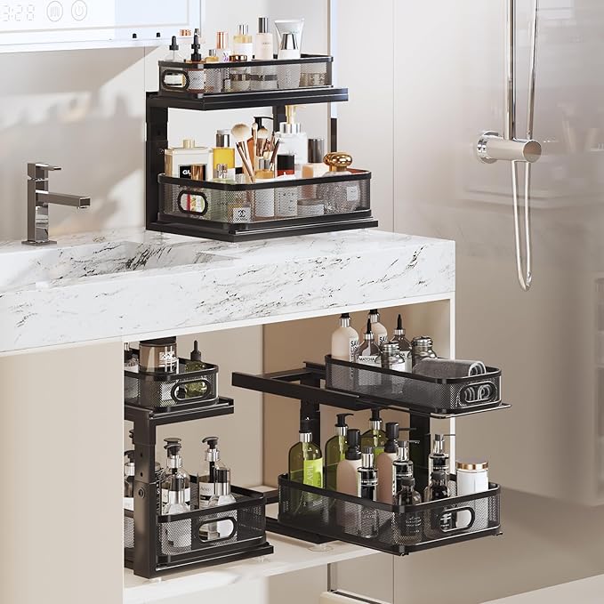 1 Pack 15IN-Depth Under Sink Organizer with Next-Gen Ball-Bearing Slides,2-Tier Precision Mesh Pull Out Cabinet Storage for Bathroom&Kitchen,Height Adjustable Drawers Shelf,Anti-Rust-Black