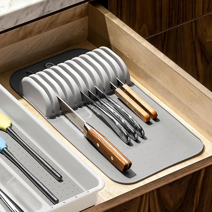 madesmart Large Knife Mat, Soft-Grip In Drawer Knife Organizer for 12 Knives, Non-Slip Kitchen Drawer Storage, Space Saving Knife Block Alternative, Grey