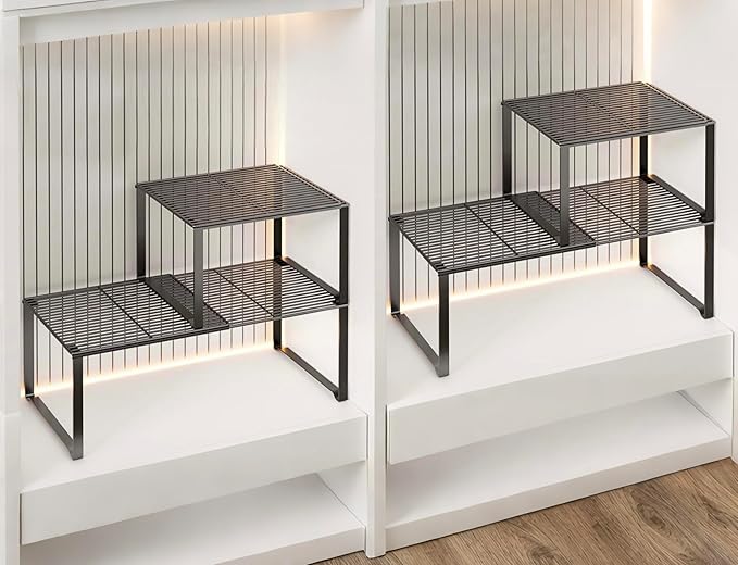 Extendable Metal Wire Shelf Organizer - Adjustable 15-24.4in Length, Stackable Storage Rack for Kitchen/Pantry/Bathroom/Shoe Cabinet/Tool Closet (4,Black)
