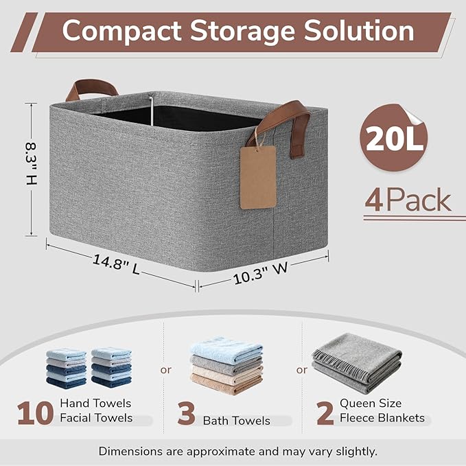 CHICVITA 4 Pack Storage Baskets for Shelves, Foldable Fabric Storage Bins with Metal Frame Handles, Closet Organizer Bins for Toys Blankets, 14.8" x 10.3" x 8.3", Gray