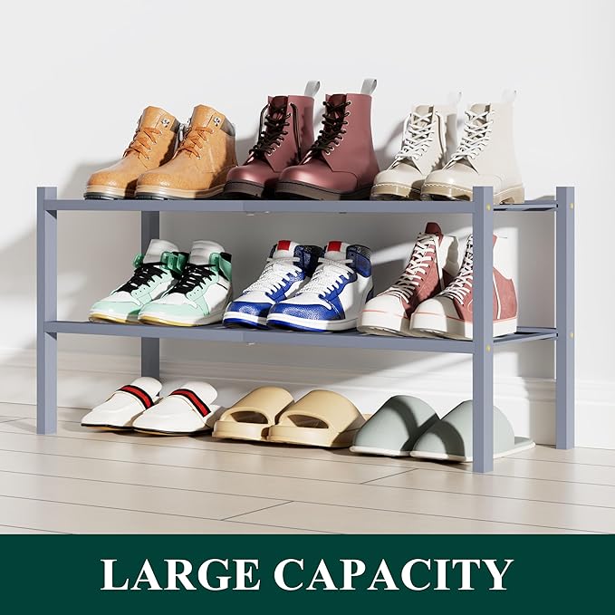 Smiry Bamboo Shoe Rack, 2 Tier Free Standing Wooden Shoe Organizer, Stackable Wood Shoe Storage Shelf for Closet, Entryway, 12 Vertical Slats, One-piece Standard Legs, 26.8"x11"x13", Grey