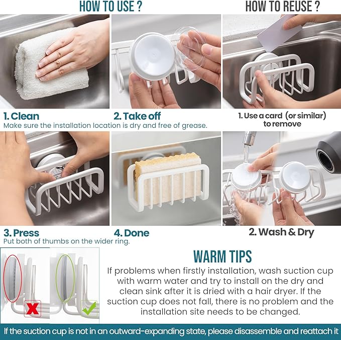 TAILI Sponge Holder for Kitchen Sink with Strong Suction Cup, Rustproof Aluminum Sink Caddy for Sponges, Removable Sponge Holder, Dish Brush for Scraper - White, 5.1" x 2.3"