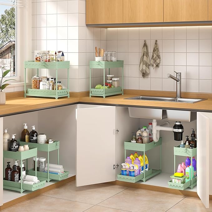 Under Sink Organizer, Bathroom Organizers and Storage, Green, 4 Pack