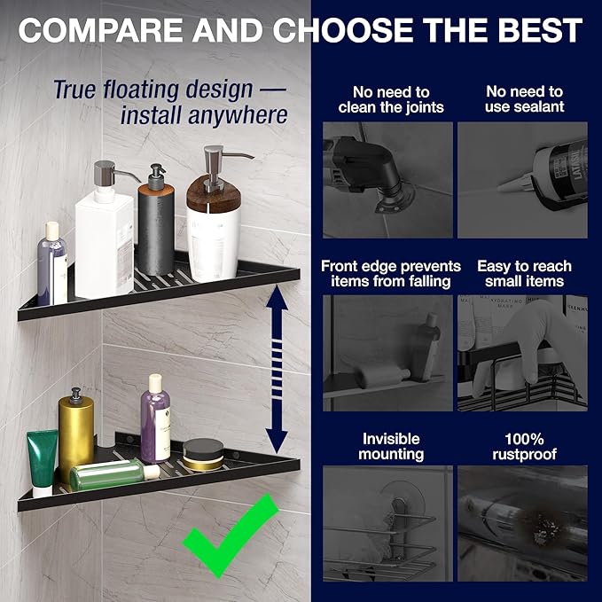 Corner Caddy Bathroom Shower Shelf - Adhesive / Drill / No Drill Shelves - 14" Strong Corner Black Floating Shower Shelves - Triangle Shelf Bathroom Shower for Inside Shower, Tiled Wall, Caddies