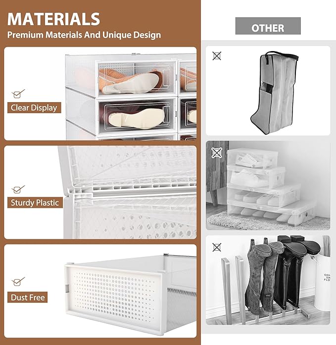EazeHome 8 Pack Clear Boot Boxes Stackable, Boot Storage Boxes for Tall Boots, Shoes Box Plastic Oragnizer with Lids, Shoes Organizer Container for Closet, Under Bed Boot Storage