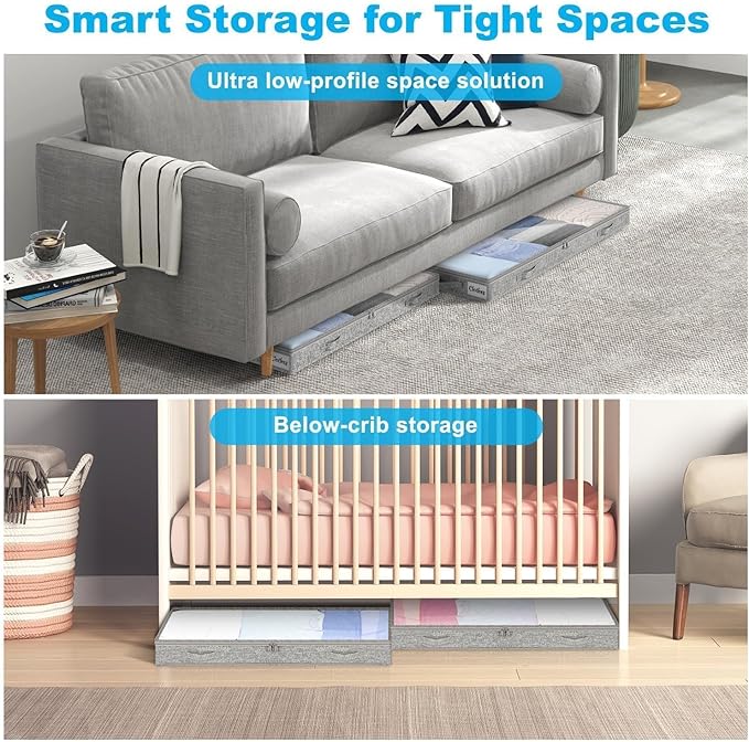 3 Inch Low Profile Under Bed Storage Drawer 4 Pack, Lightweight Underbed Clothes Storage Container Bins With NO STURCTURE, Shallow Storage Bag for Dorm & Home, With Clear Lids & Water-Resistant Fabric