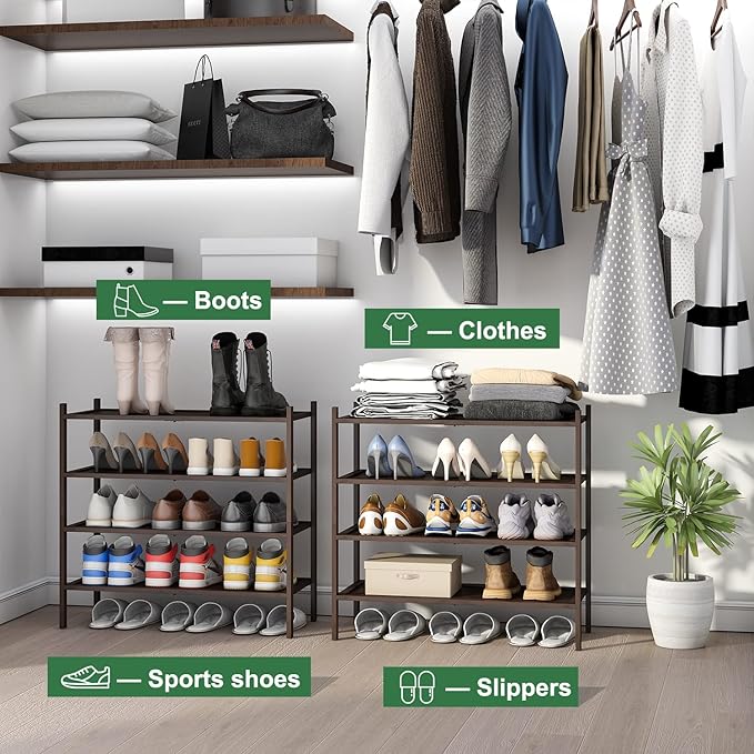 kiplant Shoe Rack for Entryway, Bamboo Wood Shoe Rack 4-Tier, Stackable Shoe Organizer for Closet, Free Standing Shoe Racks for Indoor & Outdoor