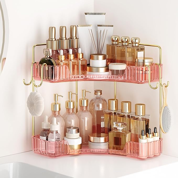 Delicate Pink 2-Tier Corner Counter Organizer with Expandable Hooks, Bathroom