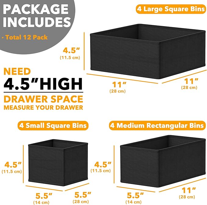 Drawer Organizer Clothes, 12 Pack Dresser Organizer Bins for Nursery, Black