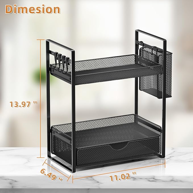 2 Tier Bathroom Organizer Countertop with Drawer, Black