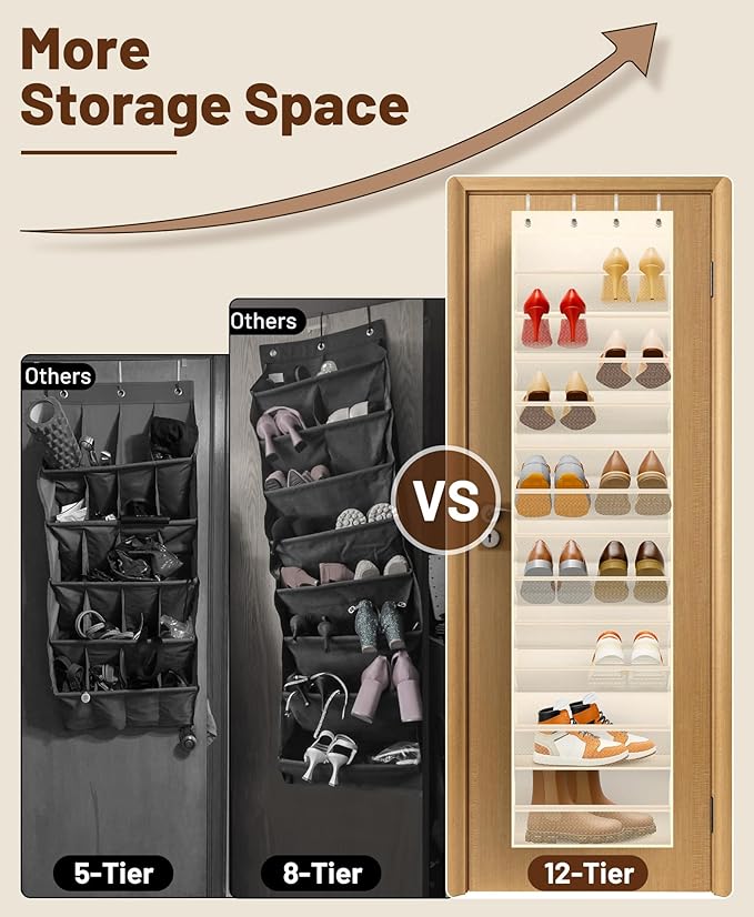 12 Tier Over the Door Shoe Organizer Breathable Mesh Hanging Shoe Rack, Beige