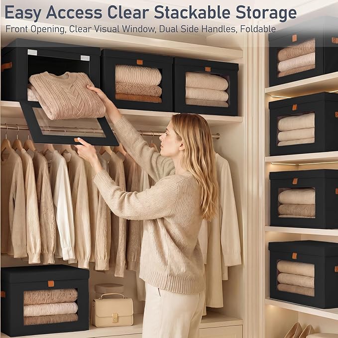 DIMJ Storage Bins with Lids - 4 Pack Front Opening Stackable Fabric Storage Boxes with Clear Window & Handles, Collapsible Closet Organizers for Clothes, Sweaters, Shelf Storage, Bedroom, Black