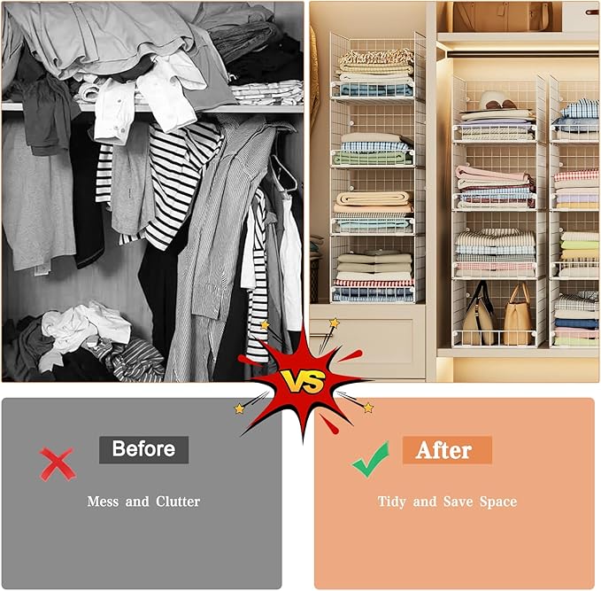 5-Tier Stackable Closet Storage Shelves, Closet Organizers and Storage Basket, Foldable & Stackable Closet Organizers for Closet System, Space-Saving Closet Shelf for Home ,White(Patent No. 30022416)