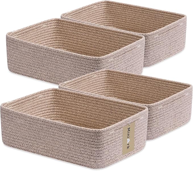 MiniArk Large Shallow Organizing Baskets 15x11x5.1 Inches - Rope Woven Storage Bins for Bathroom, Shelves, Cube Closet, Mixed Brown 4 Packs