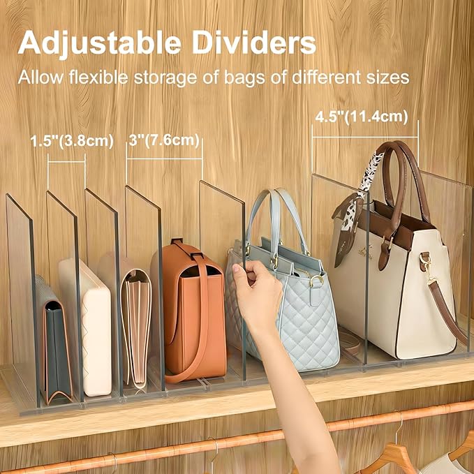 SortNStore Bag & Purse Organizer for Closet: Adjustable Clear Handbag Storage Shelf - Plastic Clutch Dividers for Closet Organizers and Storage - Keep Carteras & Pocketbook Upright 3 Pack - 11Dividers