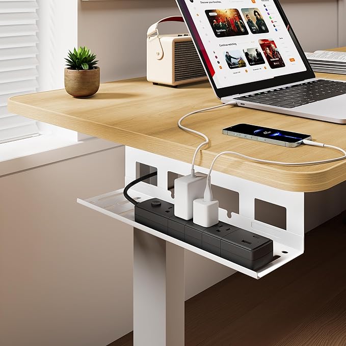 Under Desk Cable Management Tray, 15.7 Inches Metal Cord Organizer Rack, White
