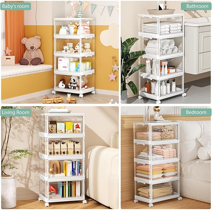 Clear Storage Bins with Lids, 4 Tier Plastic Bins with Wheels