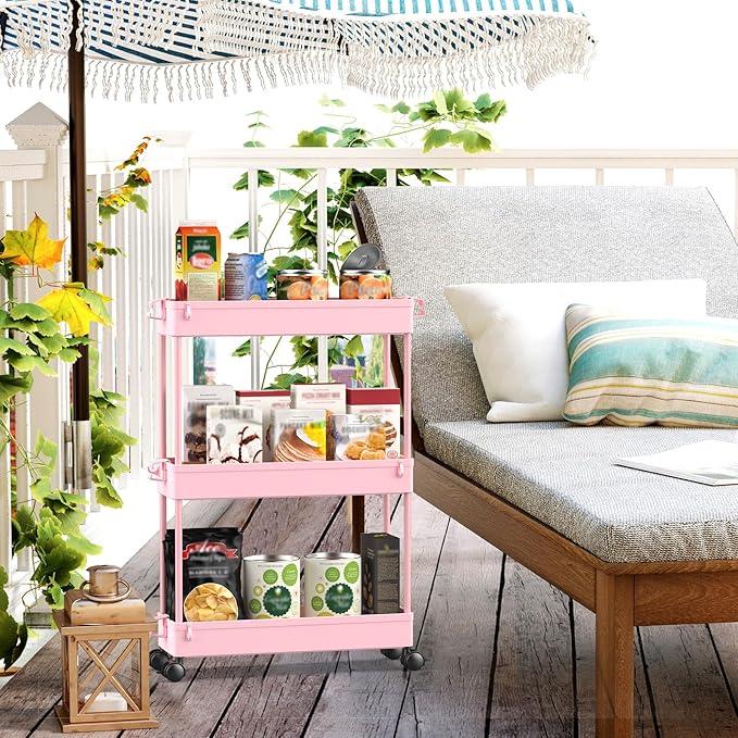 Slim Rolling Storage Cart, Pink