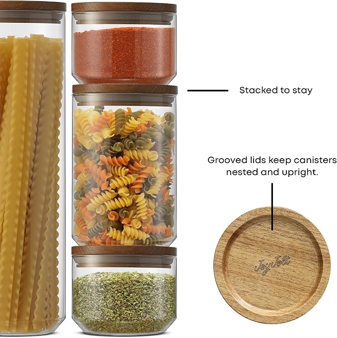 JoyJolt Holden 7-Piece Stackable Glass Storage Containers with Lids, Airtight Food Canister Set with Acacia Wood Lids, Round Stacking Pantry and Kitchen Containers for Pasta, Flour, Sugar, Coffee