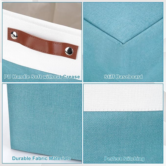 Bagnizer Collapsible Fabric Storage Cubes 11x11 Cube Storage Bins, 4 Pack Closet Baskets Box with Handles for Organizing, Shelf, Toys, Clothes, Home, Office, Nursery (Teal&White)