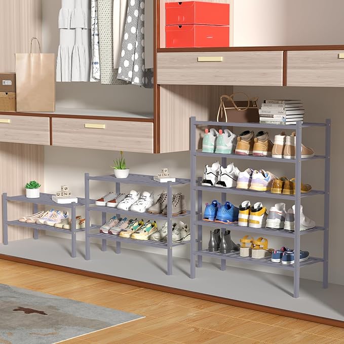 CRAFT 4 Tier Bamboo Shoe Rack for Closet Free Standing Wood Shoe Shelf, Grey
