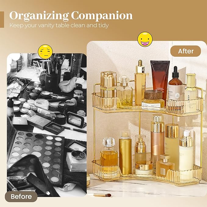 Aveniee Corner Bathroom Counter Organizer, Bathroom Countertop Shelf Makeup Organizer for Vanity Perfume Tray for Corner Storage (2 Tiers, Gold)