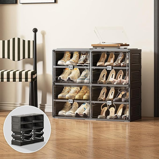 Vipbox Black Shoe Rack Organizer Cabinet for Closet Entryway,Clear Shoe Storage Boxes Stackable Sneaker Storage with Door Easy Assembly Shoe Cabinet with Lids Large 4 Tiers 16 Pairs