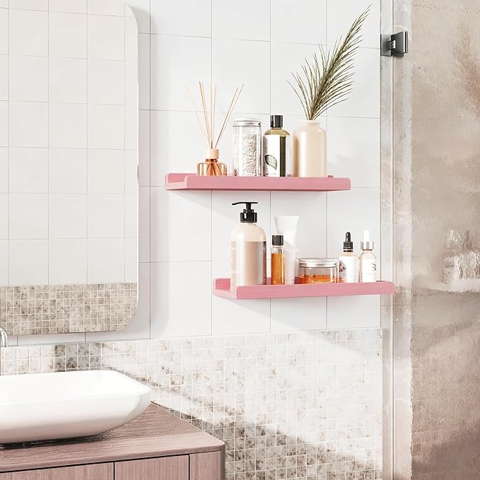 Love-KANKEI Floating Shelves Wall Mounted Set of 2, 17 Inch Rustic Wood Wall Shelves for Storage, Bedroom Living Room Bathroom Kitchen Office and More Pink