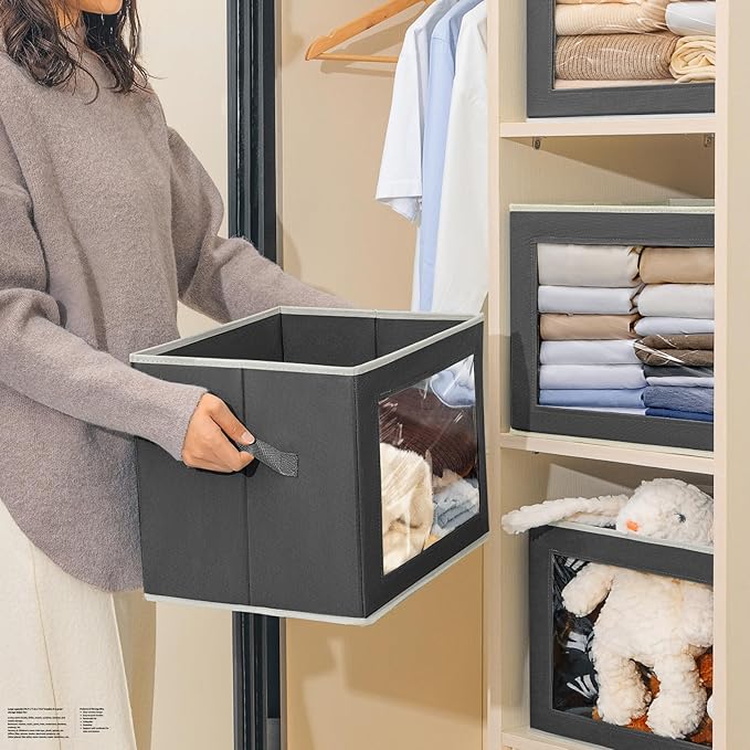 Homsorout Stackable Storage Bins with Lids - Large Storage Box with Lids, Foldable Closet Boxes for Organizing, Wardrobe Clothes Organizer with Window, Cubes Bins for Living Room, 6 Pack, Dark Grey