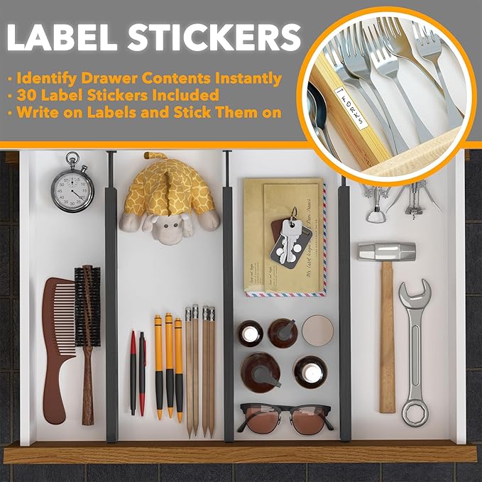 4 Pack Bamboo Drawer Dividers with Labels, 17-22 in, Black