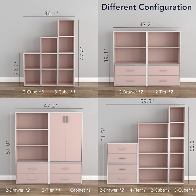 Homes: Inside + Out Apexa 6-Cube Storage Organizer Shelves, Stackable Wood Bookcase Fits Cubby Bins for Organization, Dorm Teen Room Decor & Home Office, Light Pink