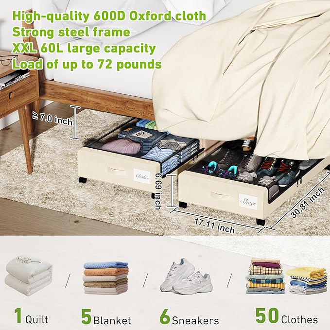 YAASHEEN Under Bed Storage with Wheels, Under the Bed Storage Containers with Clear Lids & Label, Underbed Storage Bins, XXL 60L Rolling Metal Drawer for Clothes, Shoes, Toys, Books (Beige)