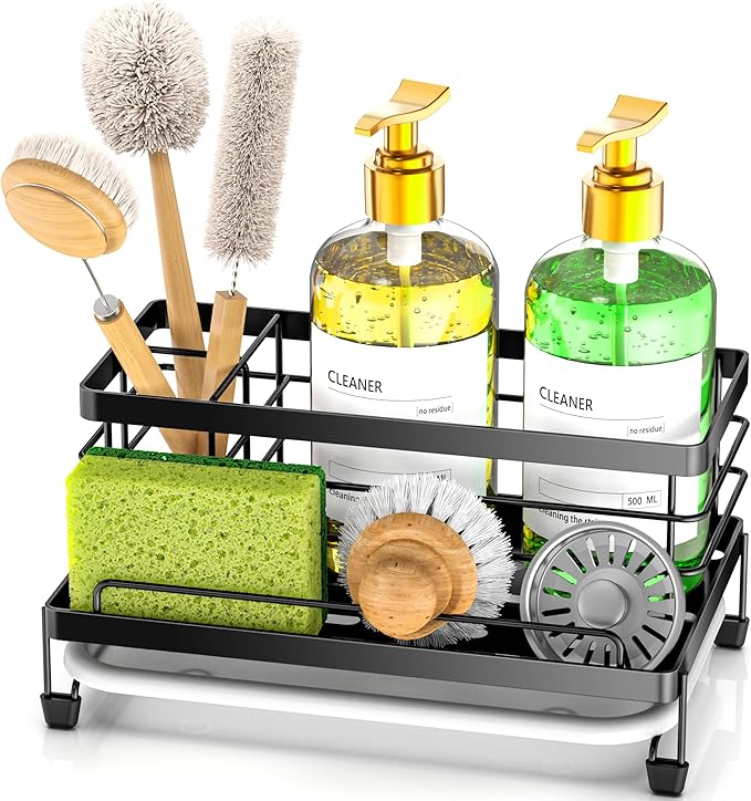 Cisily Black Sponge Holder for Kitchen, Sink Caddy Sink Organizer Rack for Kitchen Accessories with Drip Tray, Rustproof and Non-slip, Soap Dispenser Countertop Organizer Essentials for New Home