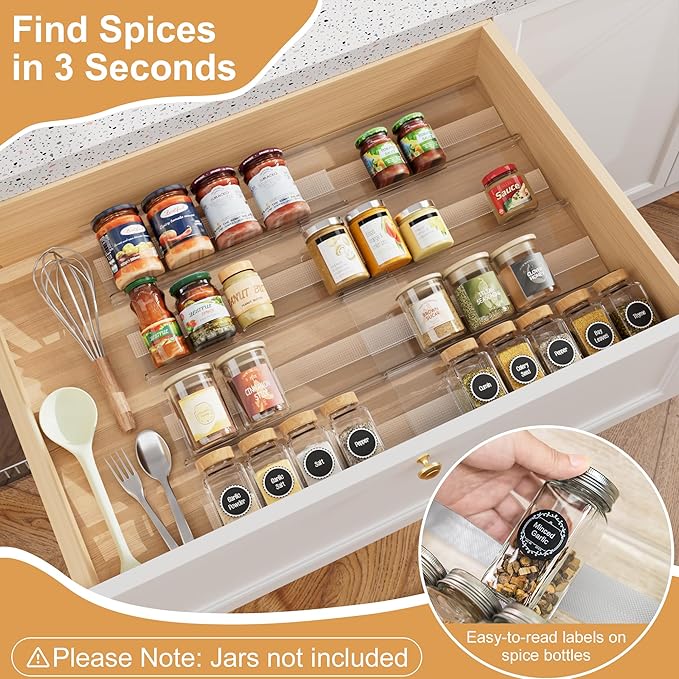 8-Pack Spice Drawer Organizer, Expandable Acrylic Seasoning Rack (13" to 26") with Anti-Slip Mat, Kitchen Spice Rack Holds up to 56 Jars (Jars Not Included)