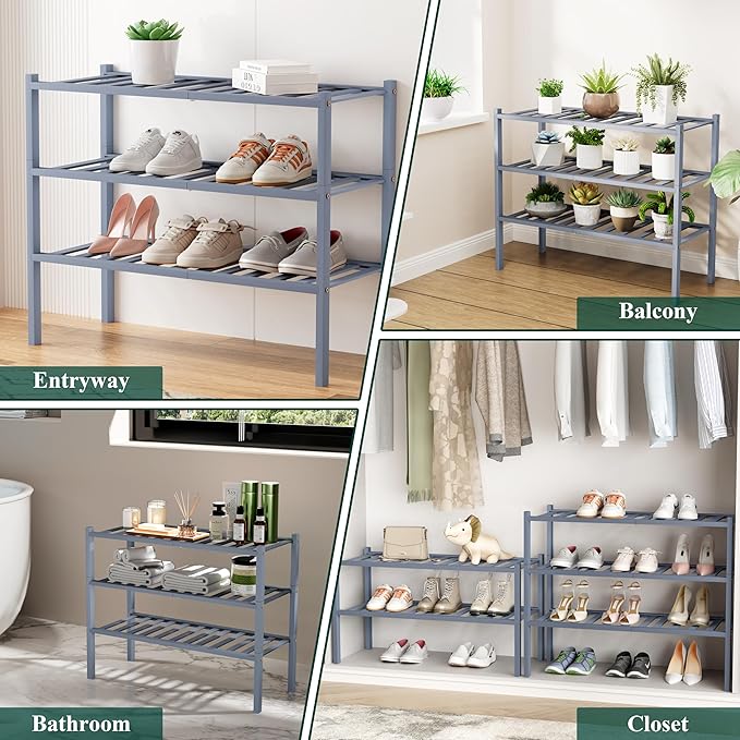 Smiry Long Bamboo Shoe Rack, 6 Tier Free Standing Wooden Shoe Organizer, Stackable Wood Shoe Storage Shelf for Closet, Entryway, 12 Vertical Slats, 2+2+2 Stack Standard Legs, 33.7"x11"x39", Grey