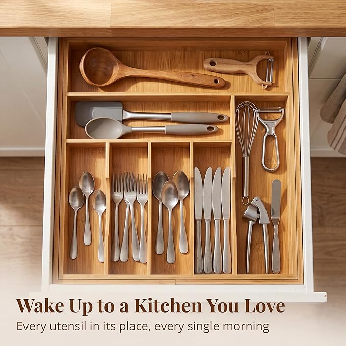 Liviys Cutlery Drawer Organizer for Kitchen Utensils, 13-20 Inches Expandable Bamboo Utensil Tray, Large Wooden Silverware Organizer Insert for Kitchen Drawers