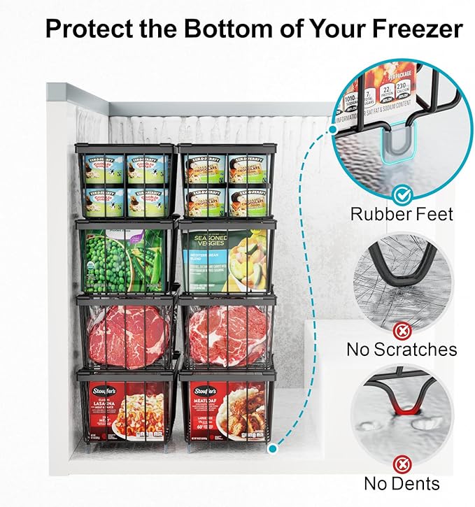 iSPECLE Freezer Organizer Bins - Fits 7 Cu.Ft Chest Freezer, 4 Pack Stackable Deep Freezer Organizer Bins (14.7" L) Easy Get Bottom Food with Handle, Wire Baskets Rust Resistant Sort Frozen Food