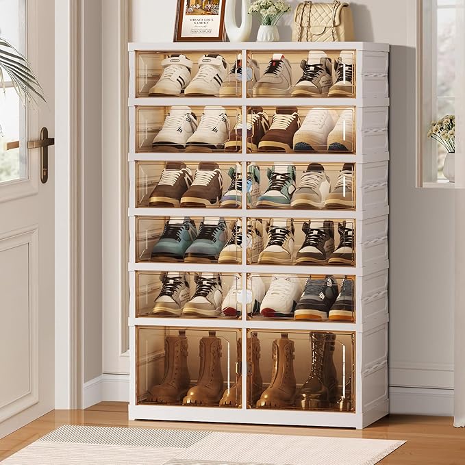 CIMLORD 6-Tier Foldable Shoe Rack Organizer for Closet, 18 Pairs Collapsible Plastic Shoe Shelf, Large Shoes Cabinet with Door, Clear Stackable Storage Box Easy Assembly White